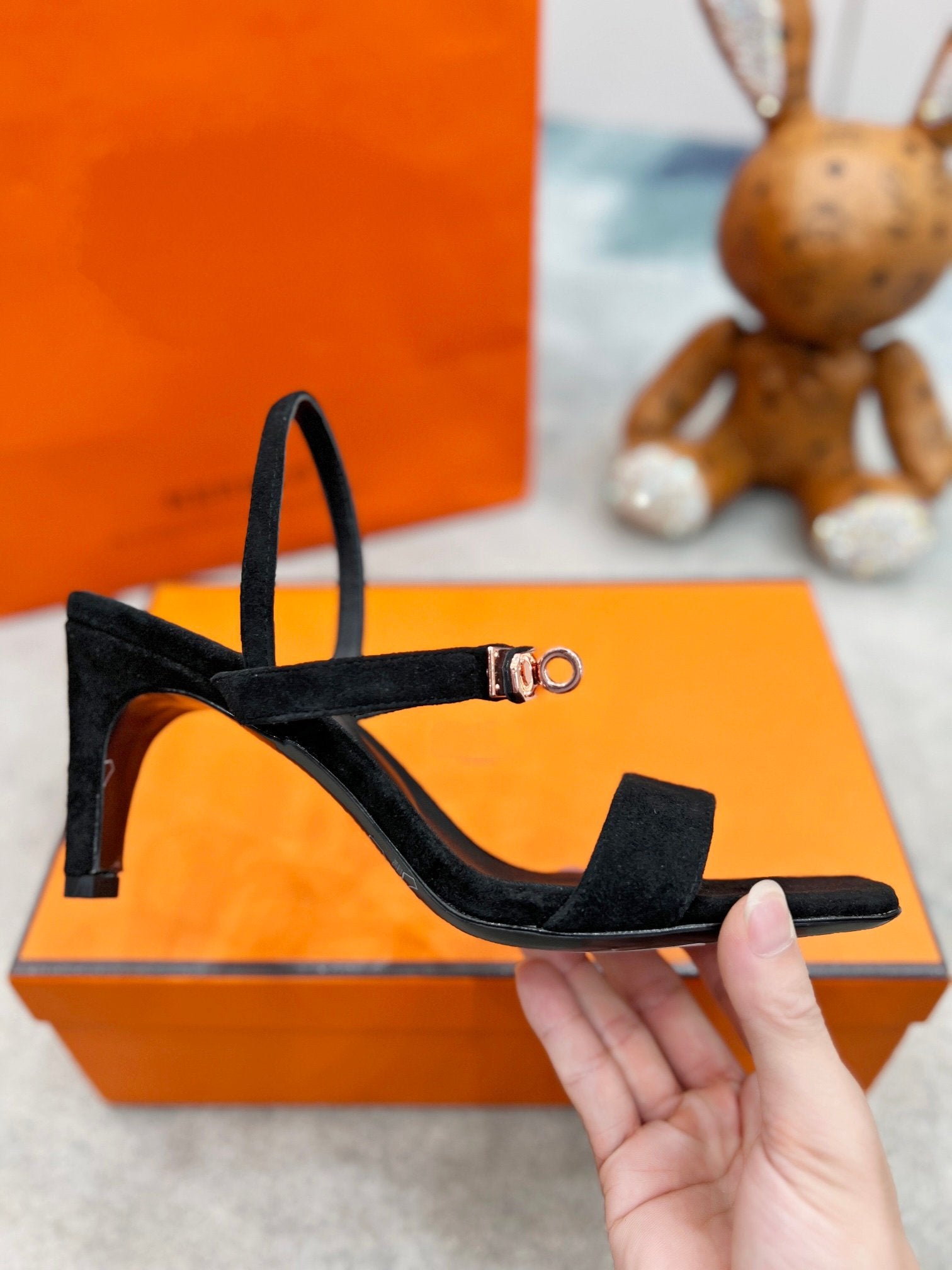 HERMES Glamour 75 Sandal Black Suede