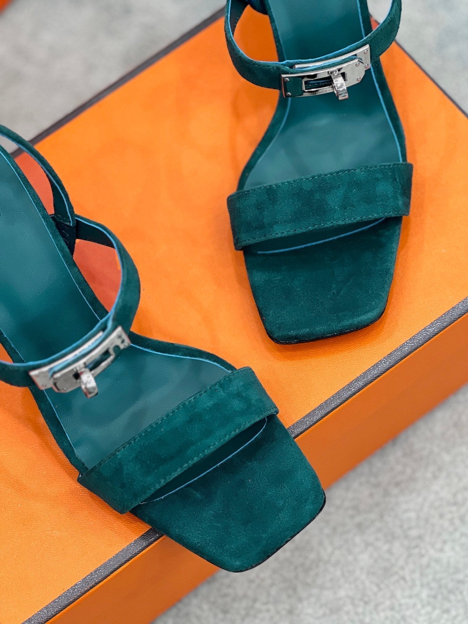 HERMES Glamour 75 Sandal Ocean Blue Suede