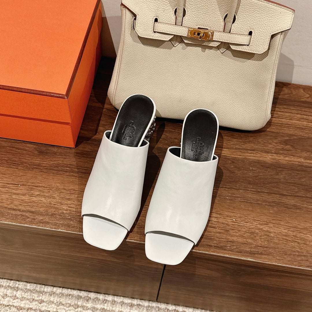 HERMES GLAM MULE 60 WHITE LAMBSKIN