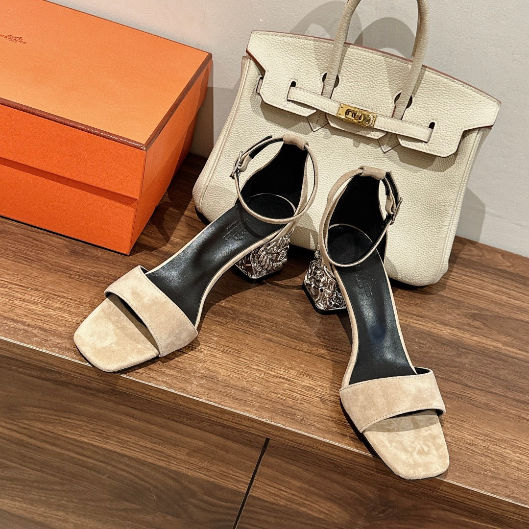 HERMES GLAM SANDAL 60 LIGHT BROWN SUEDE