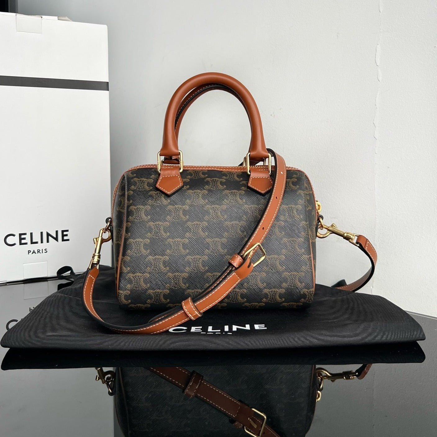 CELINE BOSTON TRIPHOME 19 BLACK PATTERN CALFSKIN