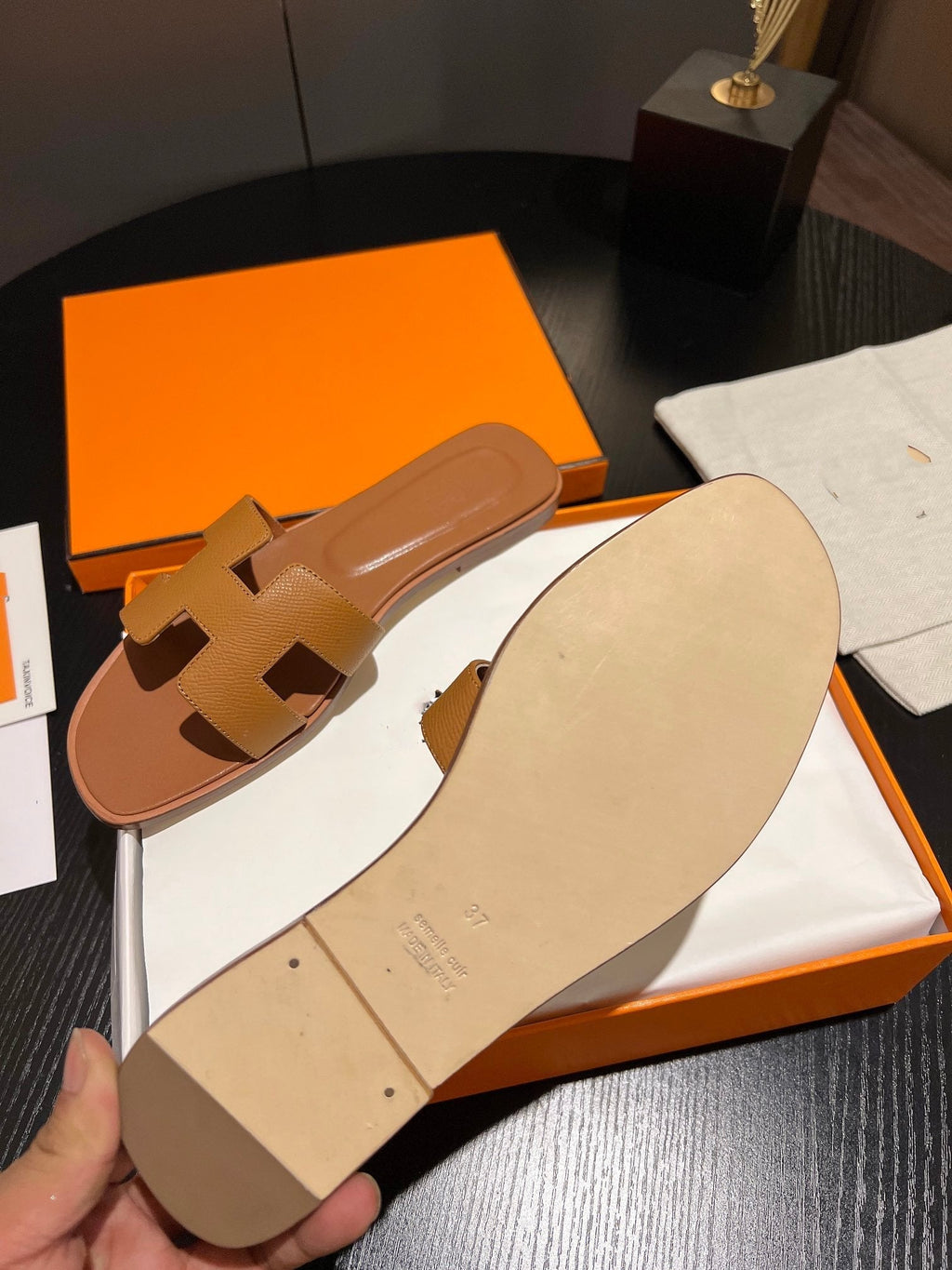 HERMES 0RAN SANDAL Leather Brown