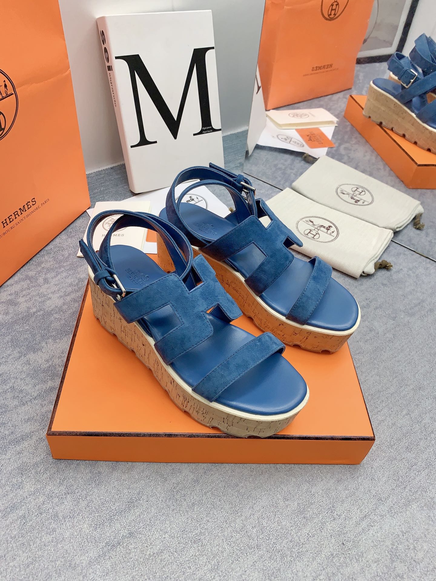 HERMES HAVANE 30 SANDAL IN CLASSIC BLUE SUEDE