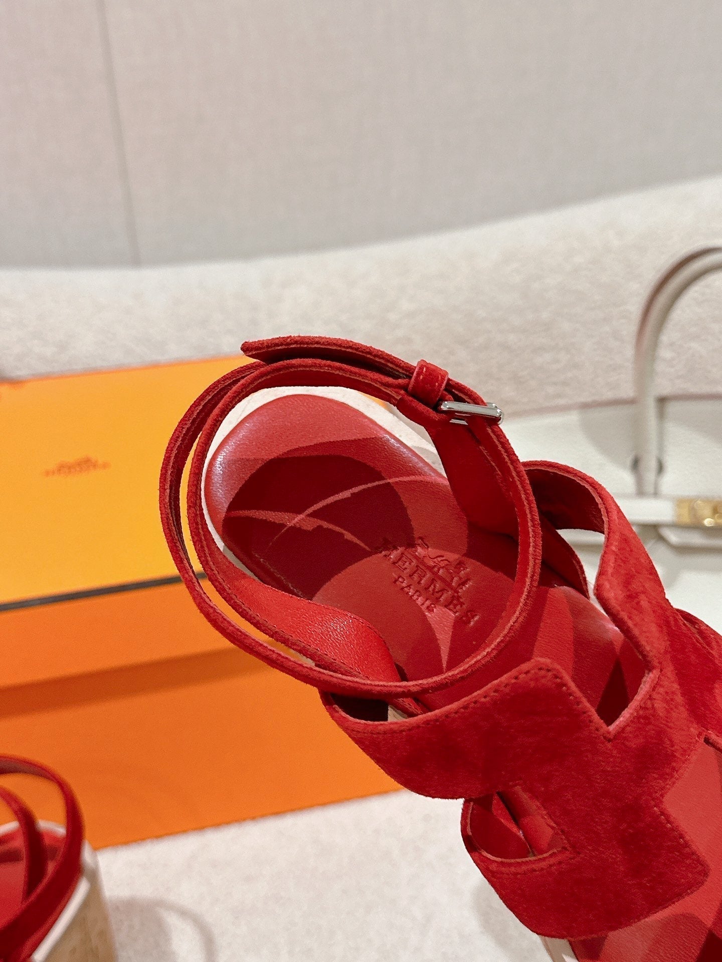 HERMES 25S HAVANE WEDGE SANDAL IN RED SUEDE