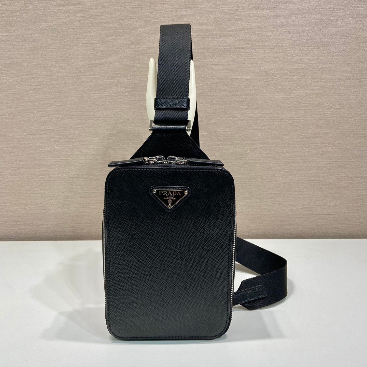 PRADA CHEST BAG 20 IN BLACK SAFFIANO LEATHER