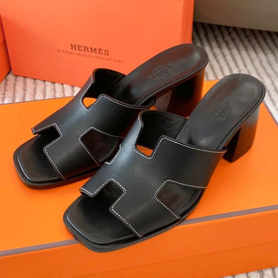 HERMES HELIA 60 SANDAL IN BLACK CALFSKIN