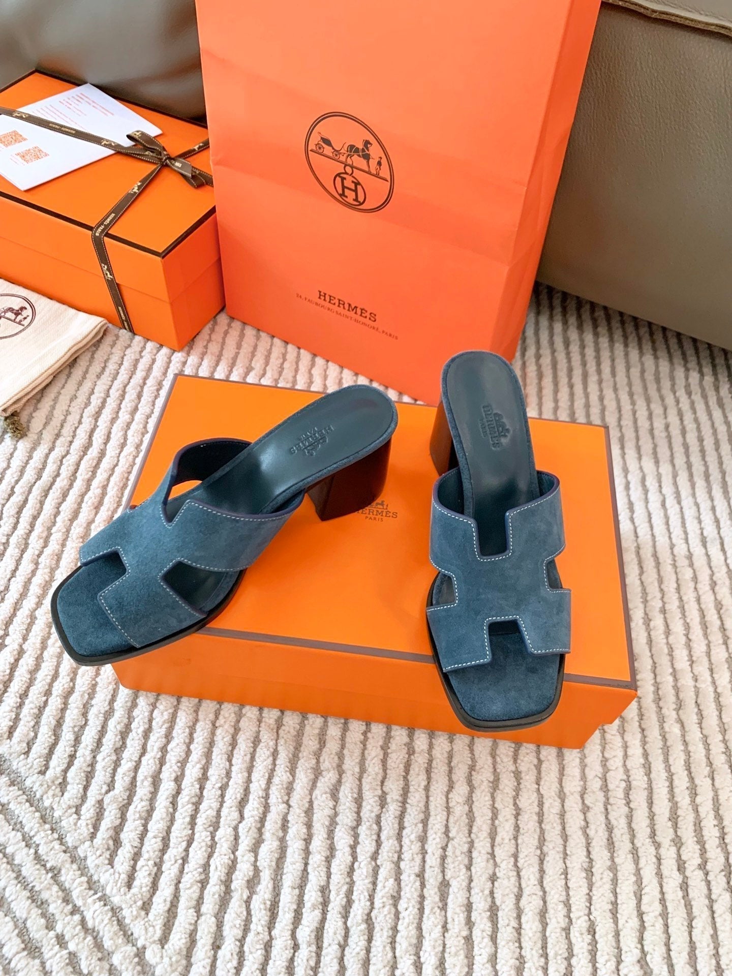 HERMES HELIA 60 SANDAL IN STONE BLUE SUEDE