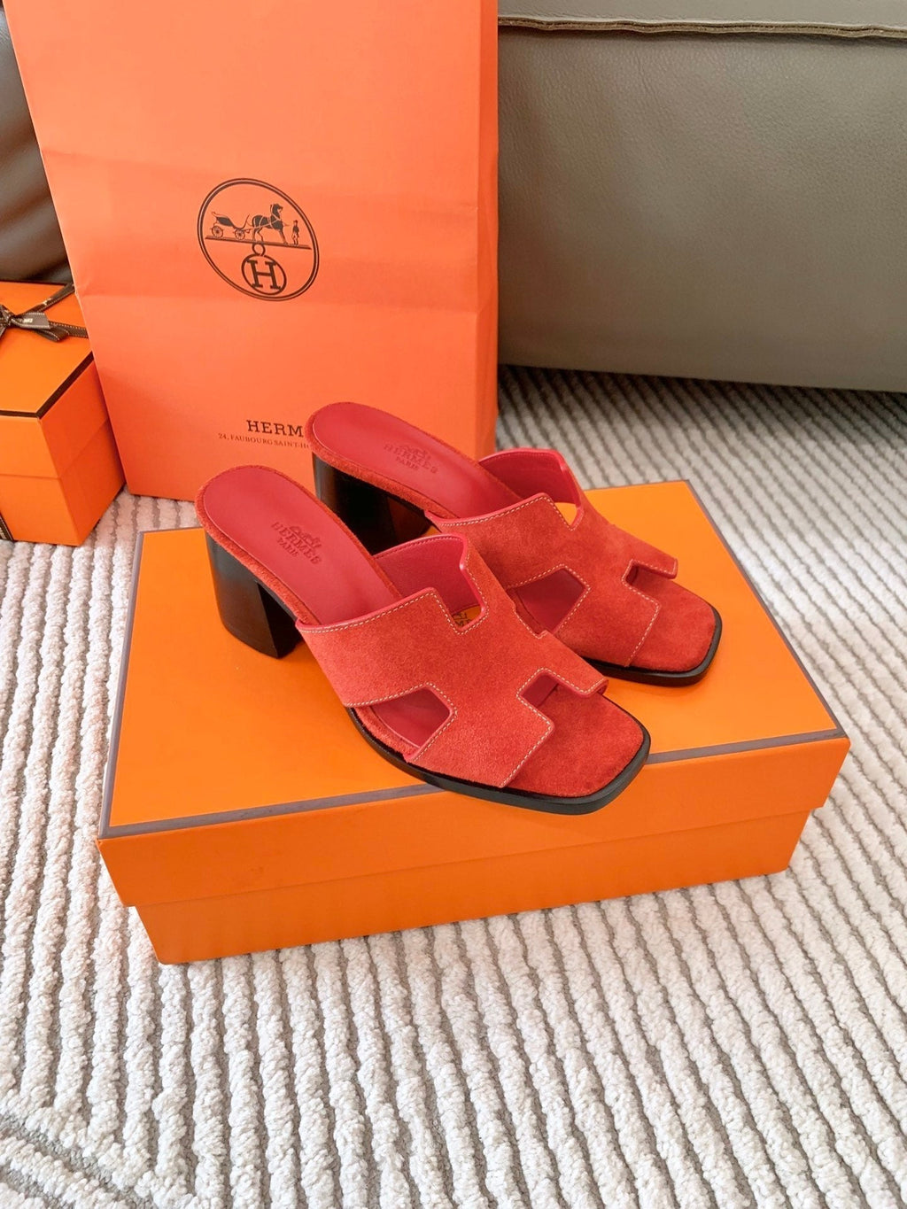 HERMES HELIA 60 SANDAL IN CHERRY RED SUEDE