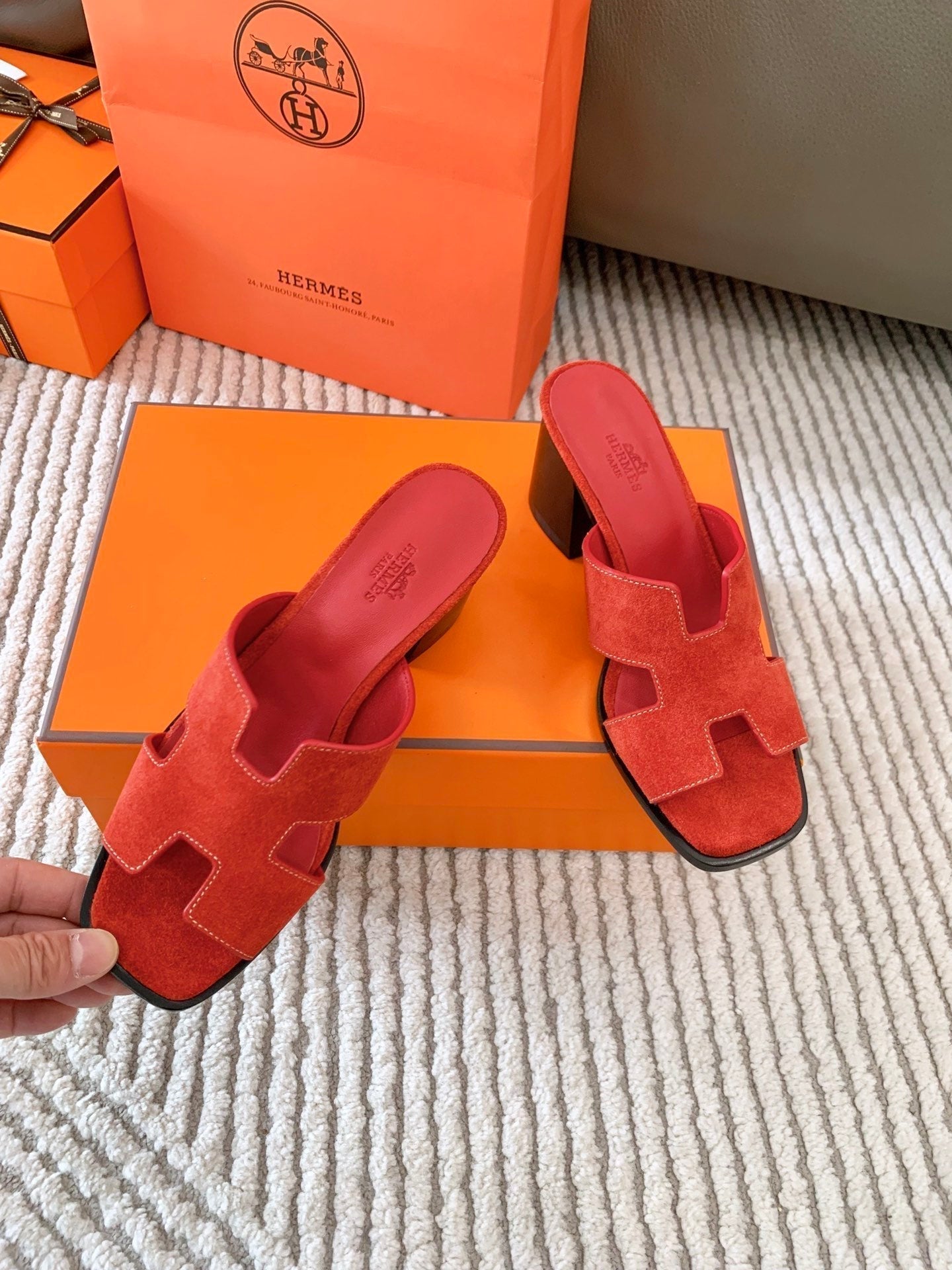 HERMES HELIA 60 SANDAL IN CHERRY RED SUEDE
