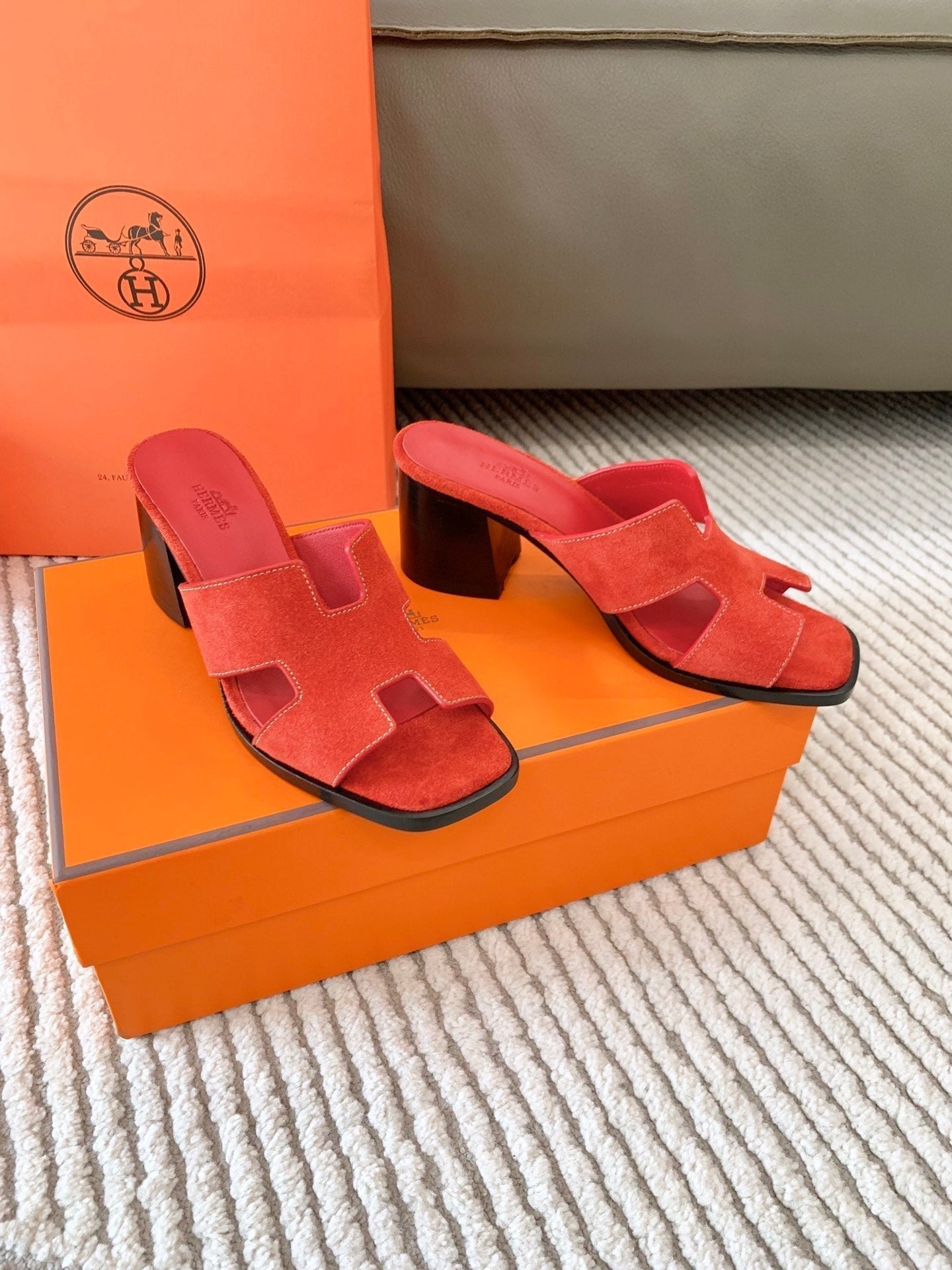 HERMES HELIA 60 SANDAL IN CHERRY RED SUEDE