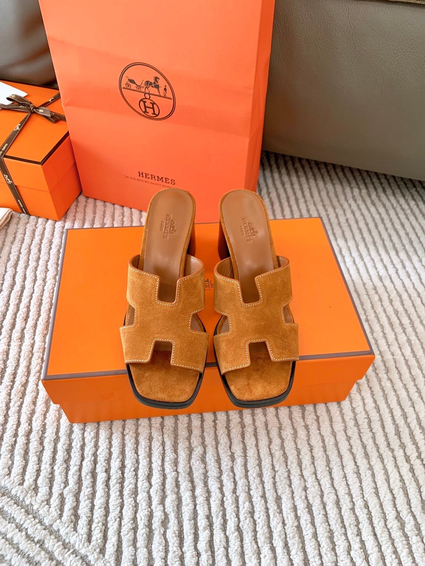 HERMES HELIA 60 SANDAL IN BRONZE BROWN SUEDE