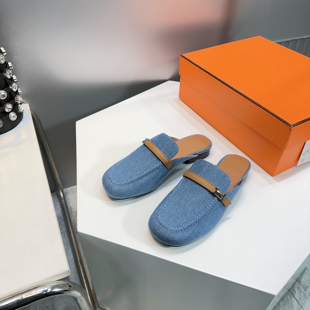 HERMES Lena Mule Blue Denim