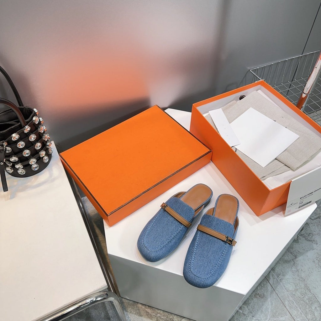 HERMES Lena Mule Blue Denim