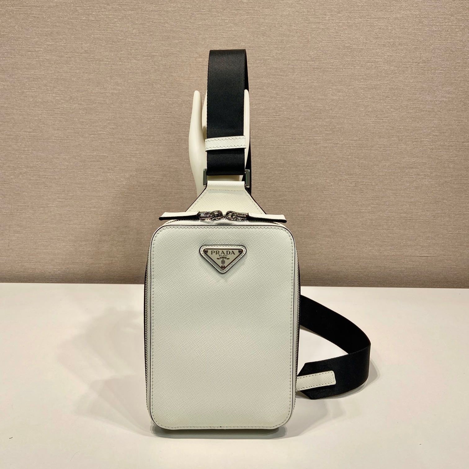 PRADA CHEST BAG 20 IN WHITE SAFFIANO LEATHER