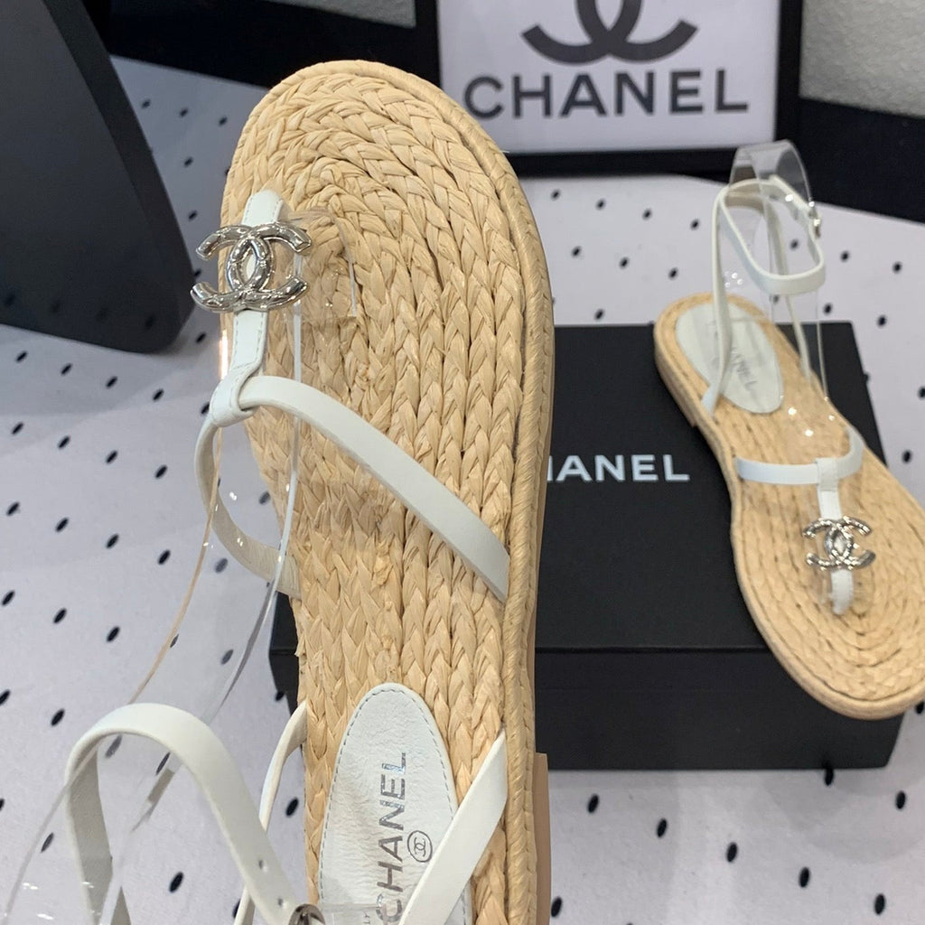 CHANEL Double  Vintage straw sandals replica designer shoe White Beige sheepskin