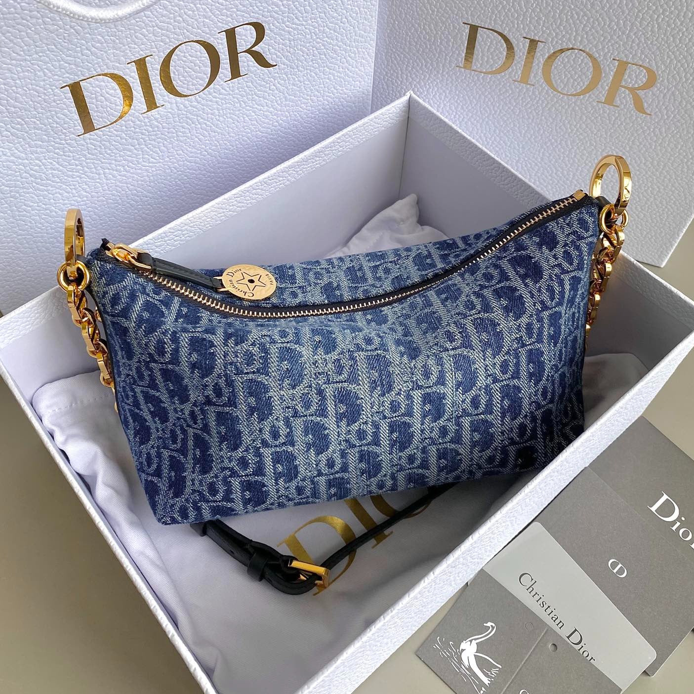 DIOR STAR 28 HOBO BAG WITH CHAIN BLUE DENIM OBLIQUE JACQUARD