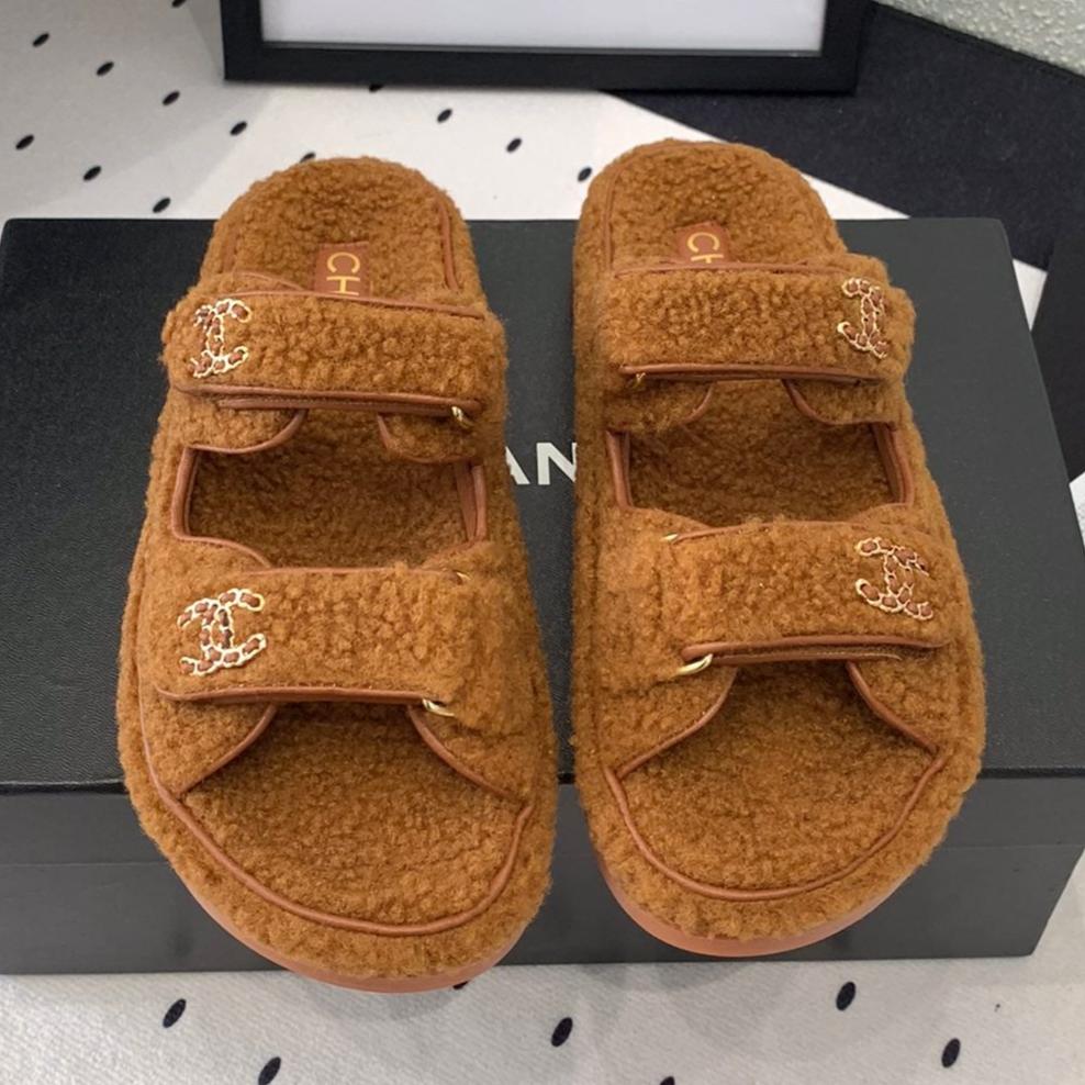 CHANEL DAD SANDAL MULE IN BRONZE BROWN LAMB FUR