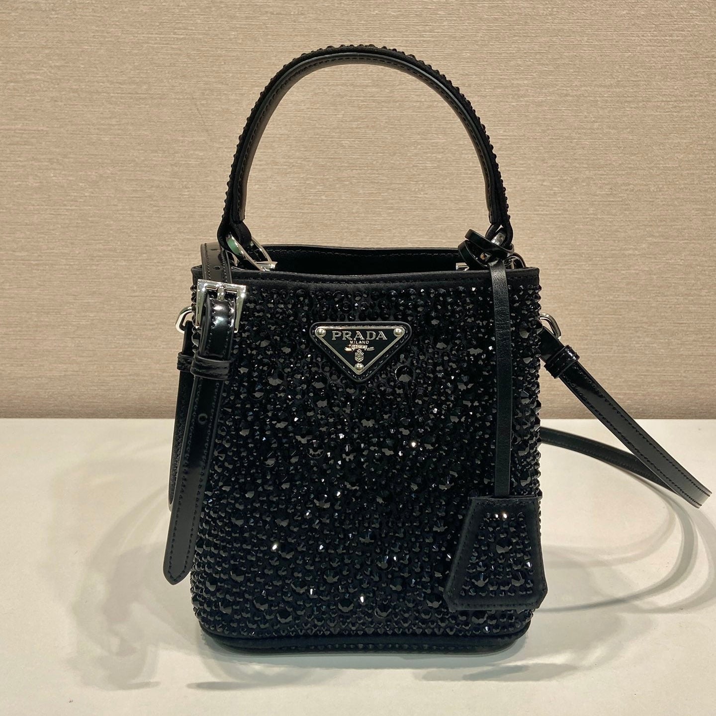 PRADA PANIER BUCKET BAG 16 IN BLACK CALFSKIN ATTACHED FULL CRYSTALS