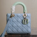 DIOR MEDIUM LADY BAG 20 IN BABY BLUE QUILTED MACROCANNAGE CALFSKIN GREEN STRAP
