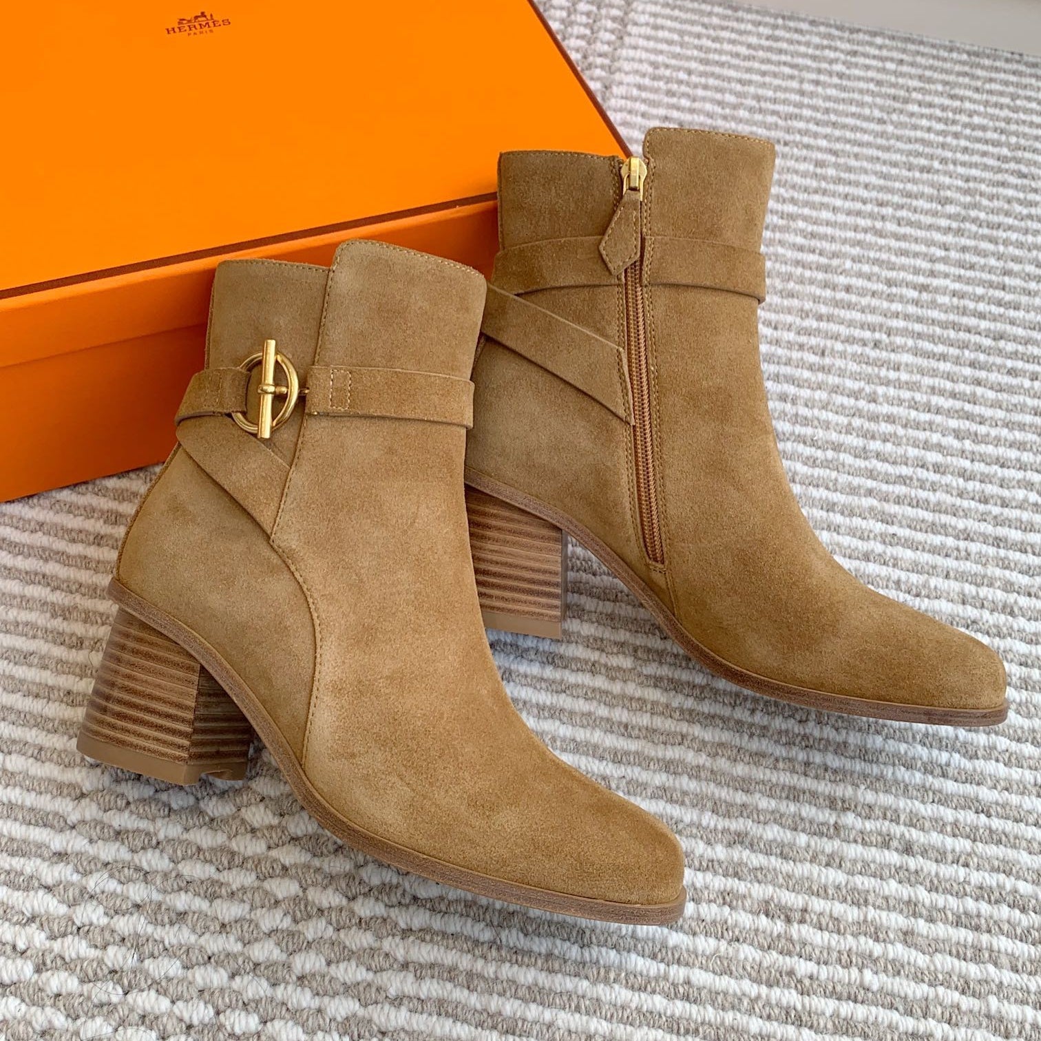 HERMES 25S ANKLE BOOTS 50 MM IN BROWN SUEDE WITH GOLD HARDWARE
