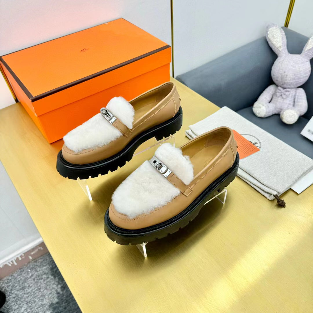 HERMES ICONE LOAFER CALFSKIN AND SHEARLING MUSTARD