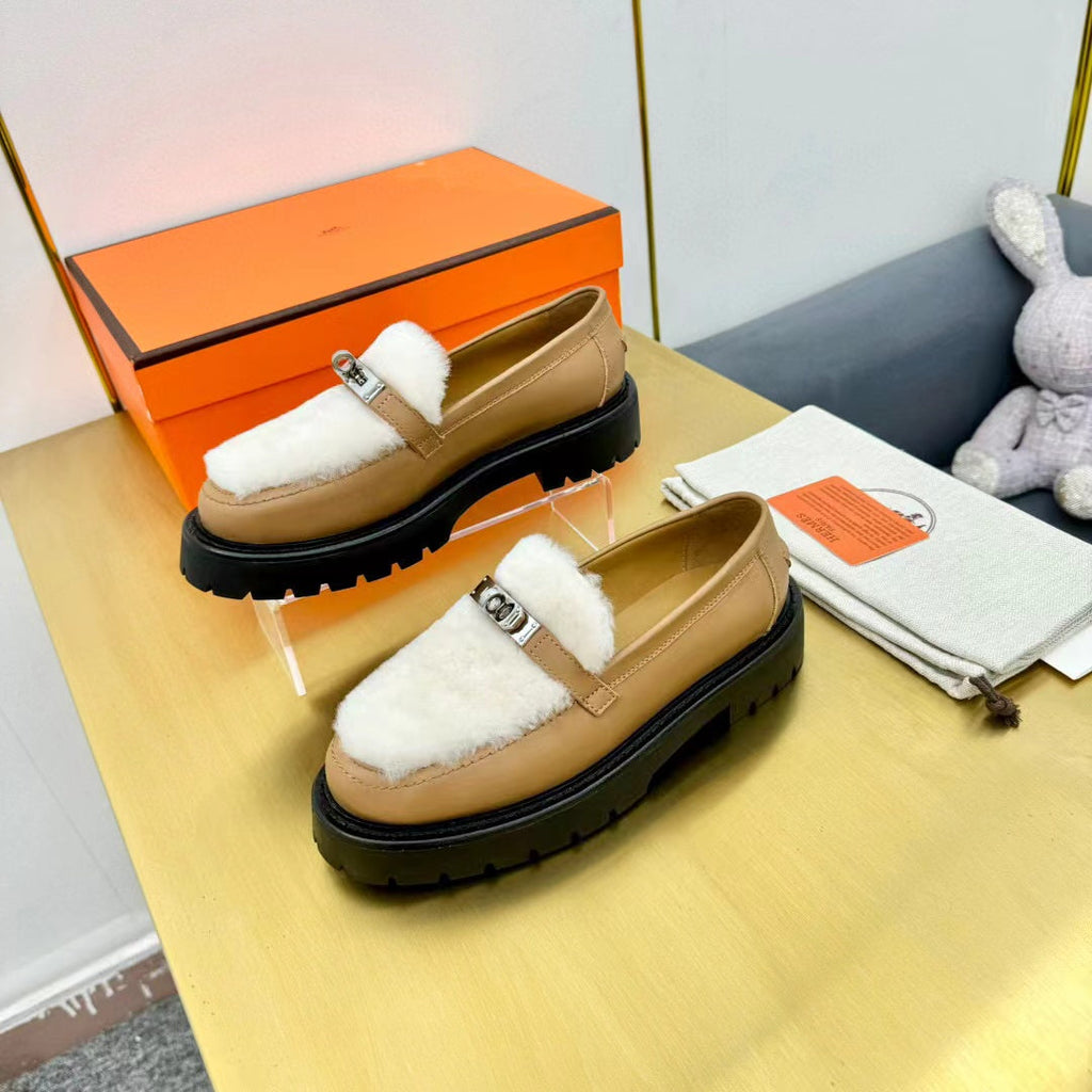 HERMES ICONE LOAFER CALFSKIN AND SHEARLING MUSTARD