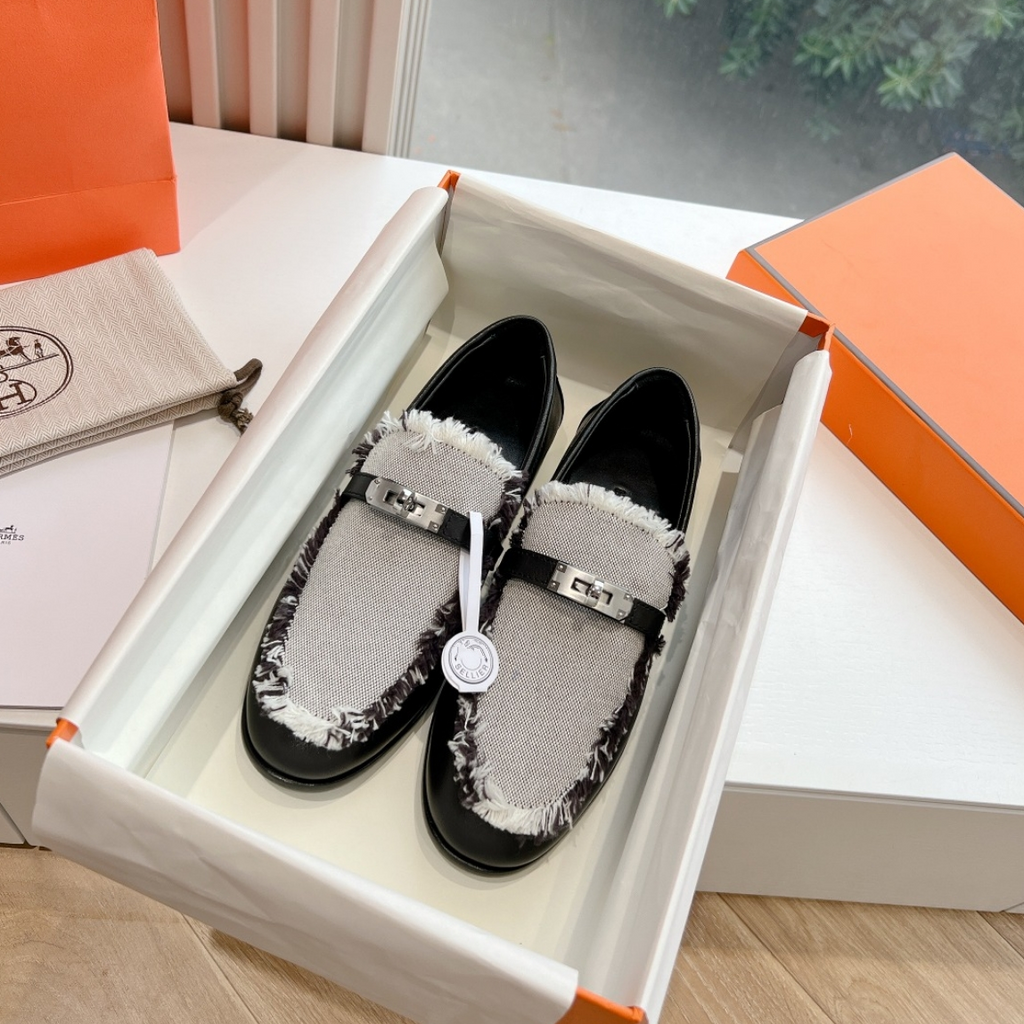 HERMES Destin Loafer Black Calfskin Fringed Canvas