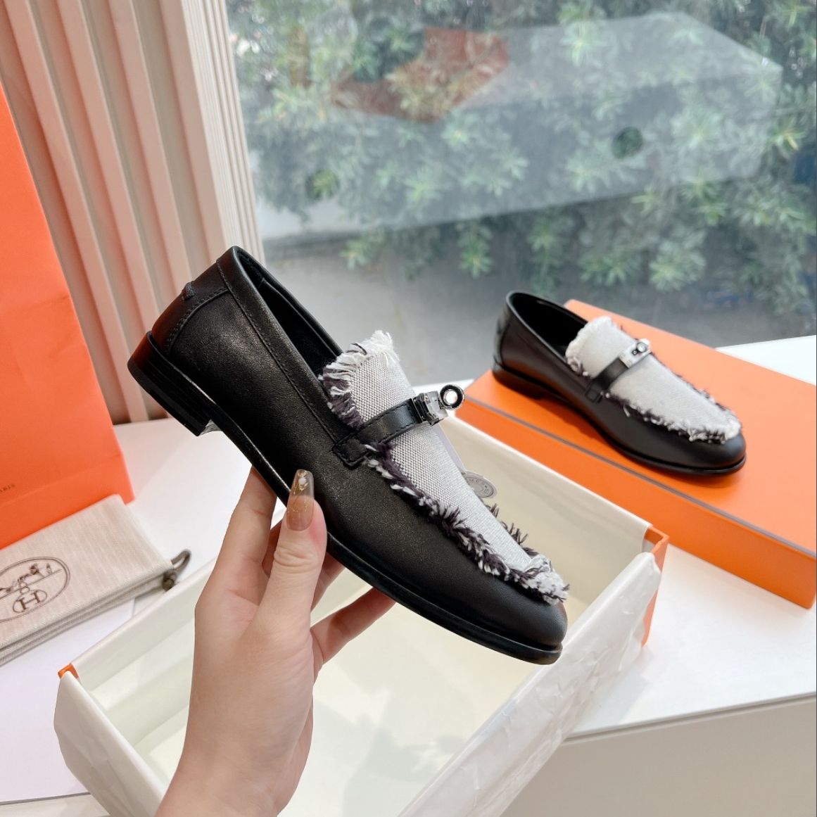 HERMES Destin Loafer Black Calfskin Fringed Canvas