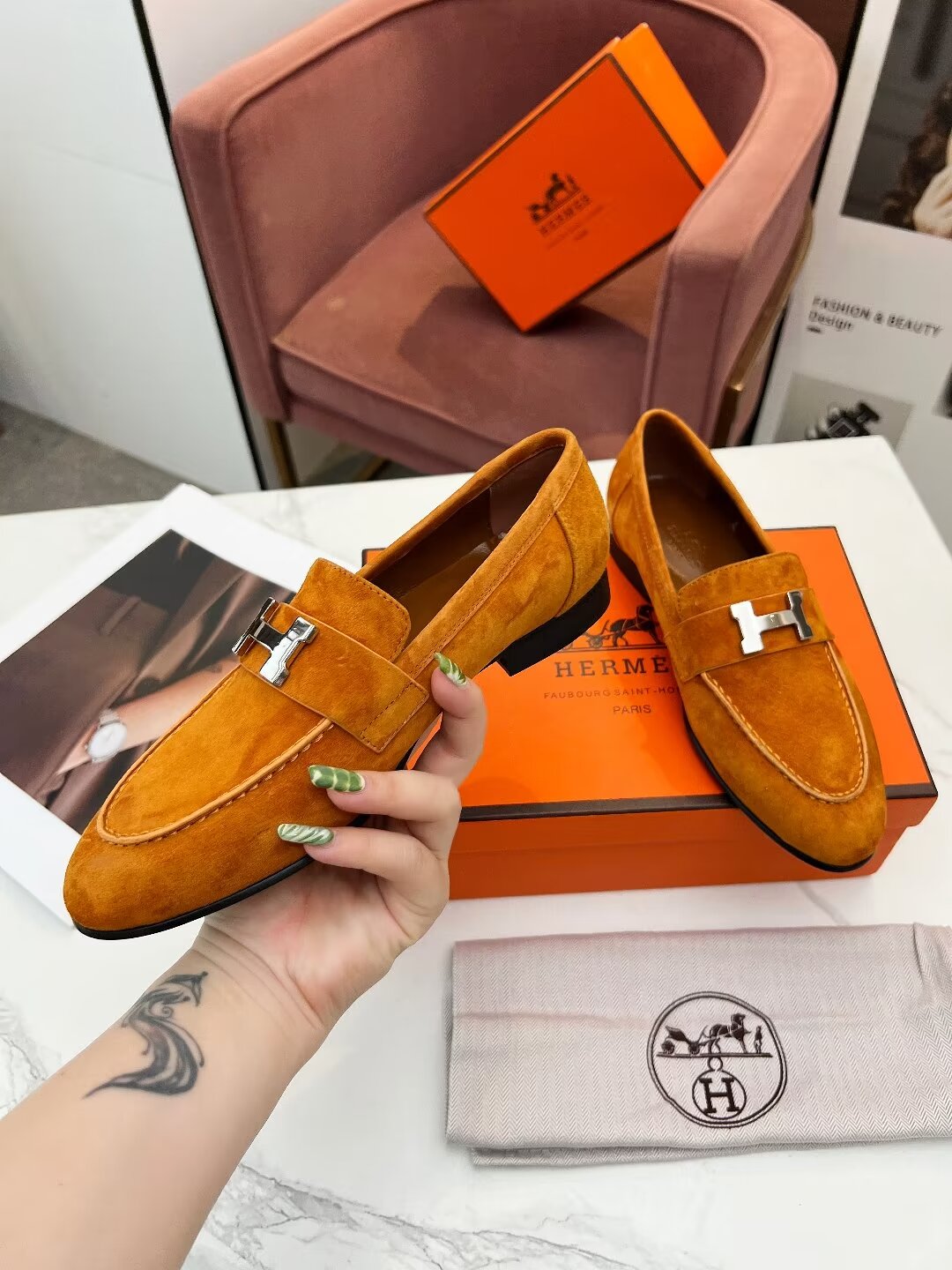 HERMES PARIS LOAFER AMBER SUEDE