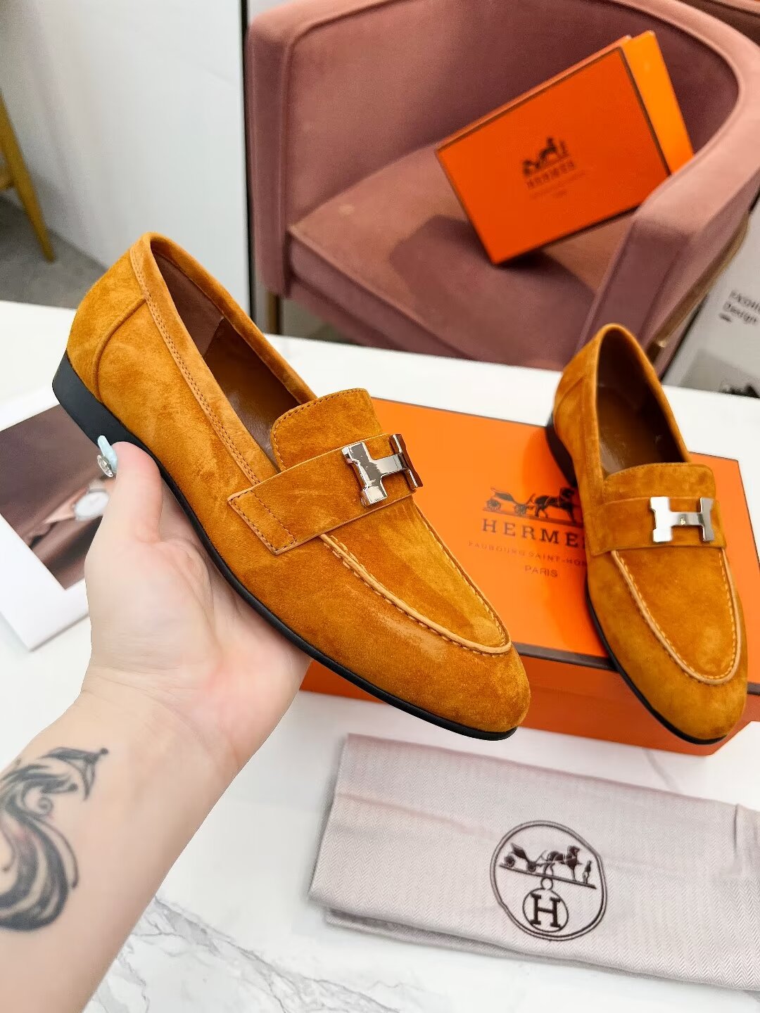 HERMES PARIS LOAFER AMBER SUEDE