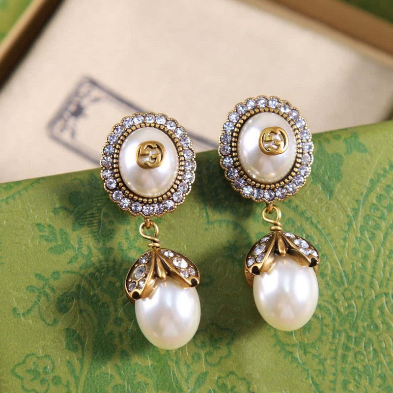 18K Double Gucci Flower Pearl Earrings