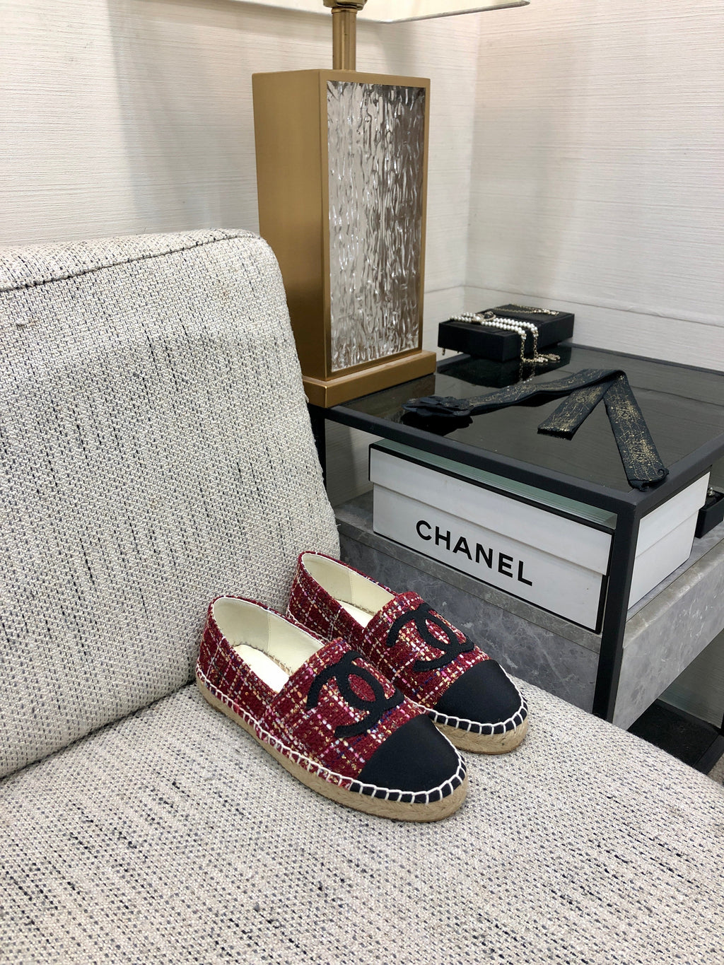 CHANEL ESPADRILLE BLACK MIX CRIMSON RED TWEED FABRIC FLATS