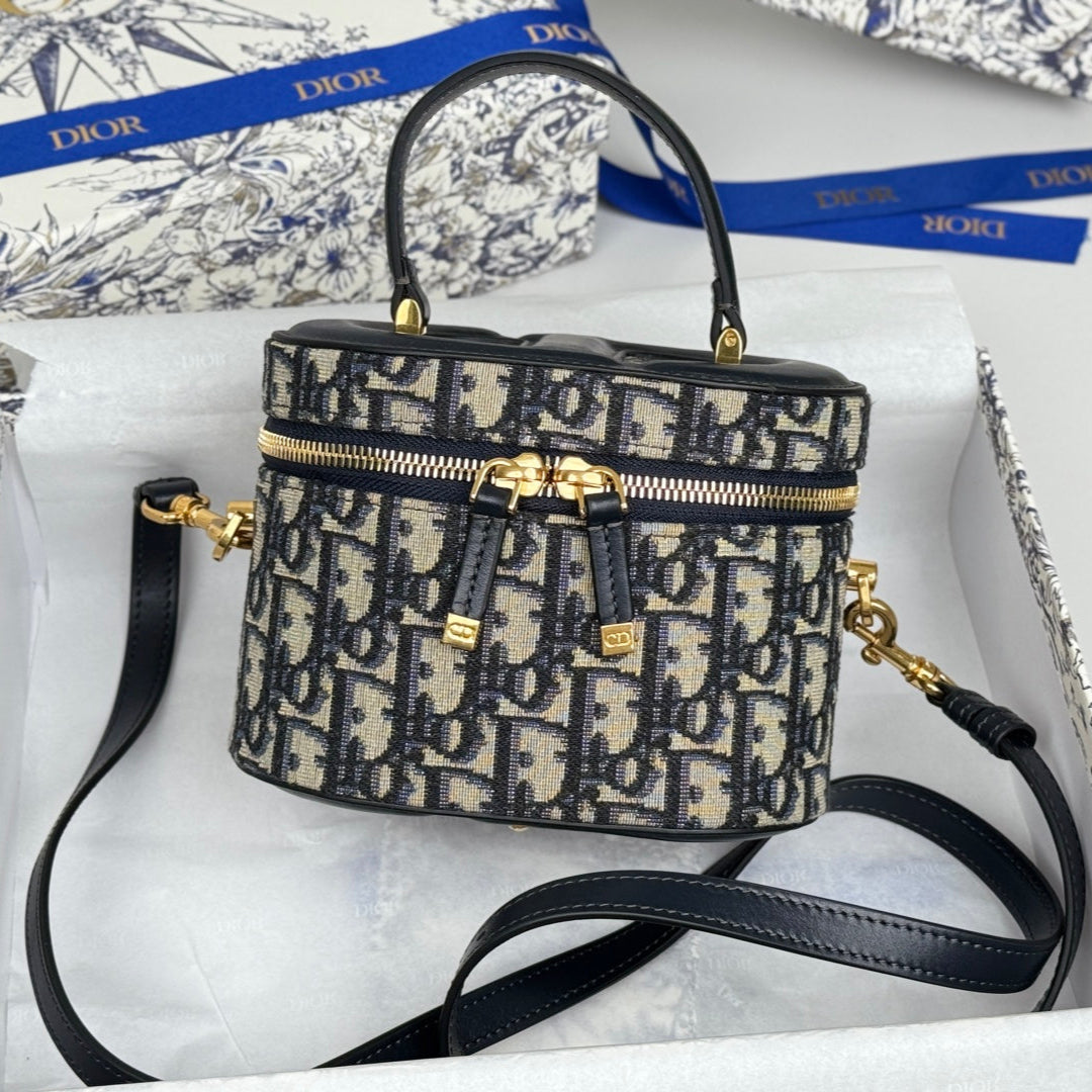 DIOR 25S CD SIGNATURE VANITY 16 IN BLUE  OBLIQUE JACQUARD CANVAS