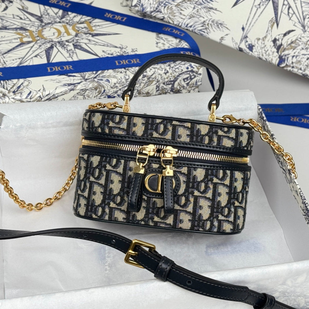 DIOR 25S 30 MONTAIGNE MINI VANITY CASE 16 IN BLUE  OBLIQUE JACQUARD CANVAS