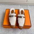 HERMES 25S CATENA MULE IN BEIGE SHEARLING AND BROWN LAMBSKIN WITH SILVER HARDWARE
