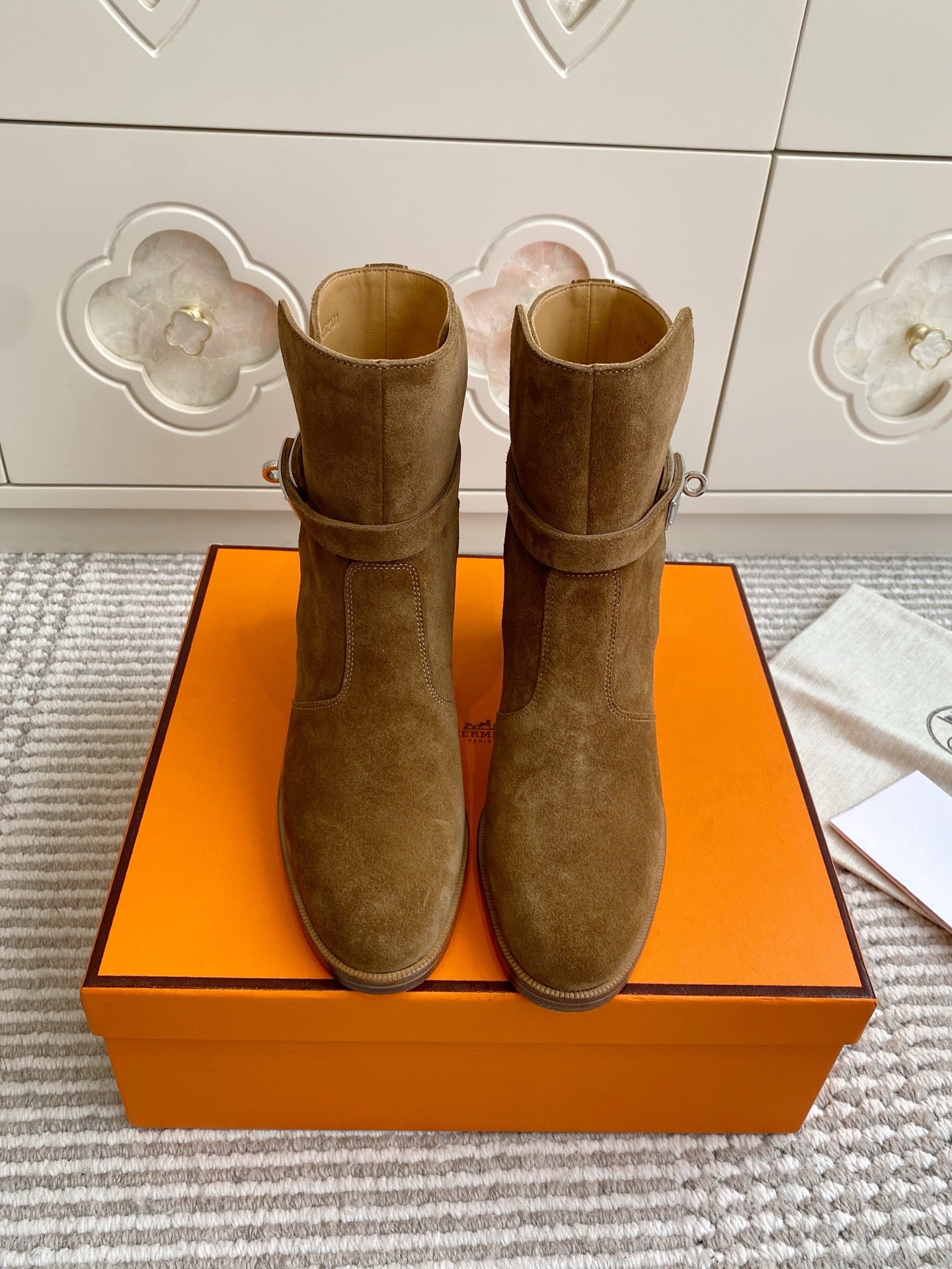 HERMES 25S FRENCHIE 50 ANKLE BOOT 50 MM IN BROWN SUEDE WITH SILVER HARDWARE