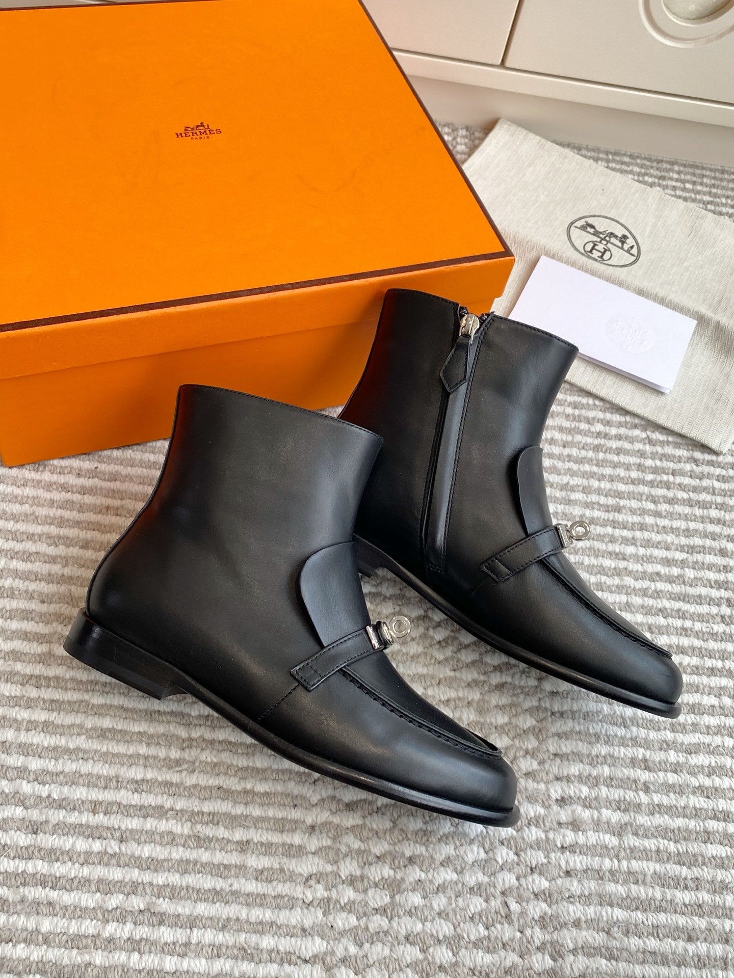 HERMES 25S KELSY ANKLE BOOT IN BLACK LAMBSKIN WITH SILVER HARDWARE