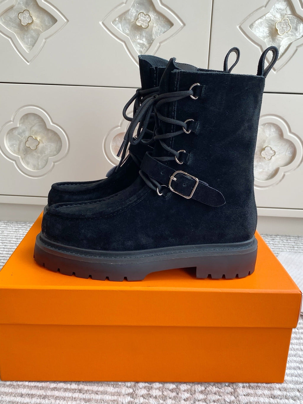 HERMES 25S ANKLE BOOTS IN BLACK SUEDE