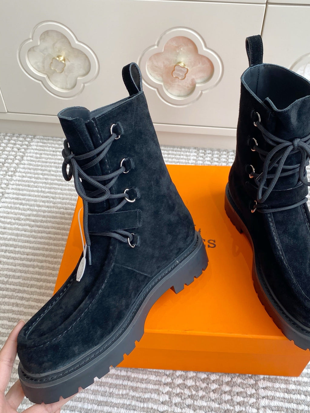 HERMES 25S ANKLE BOOTS IN BLACK SUEDE