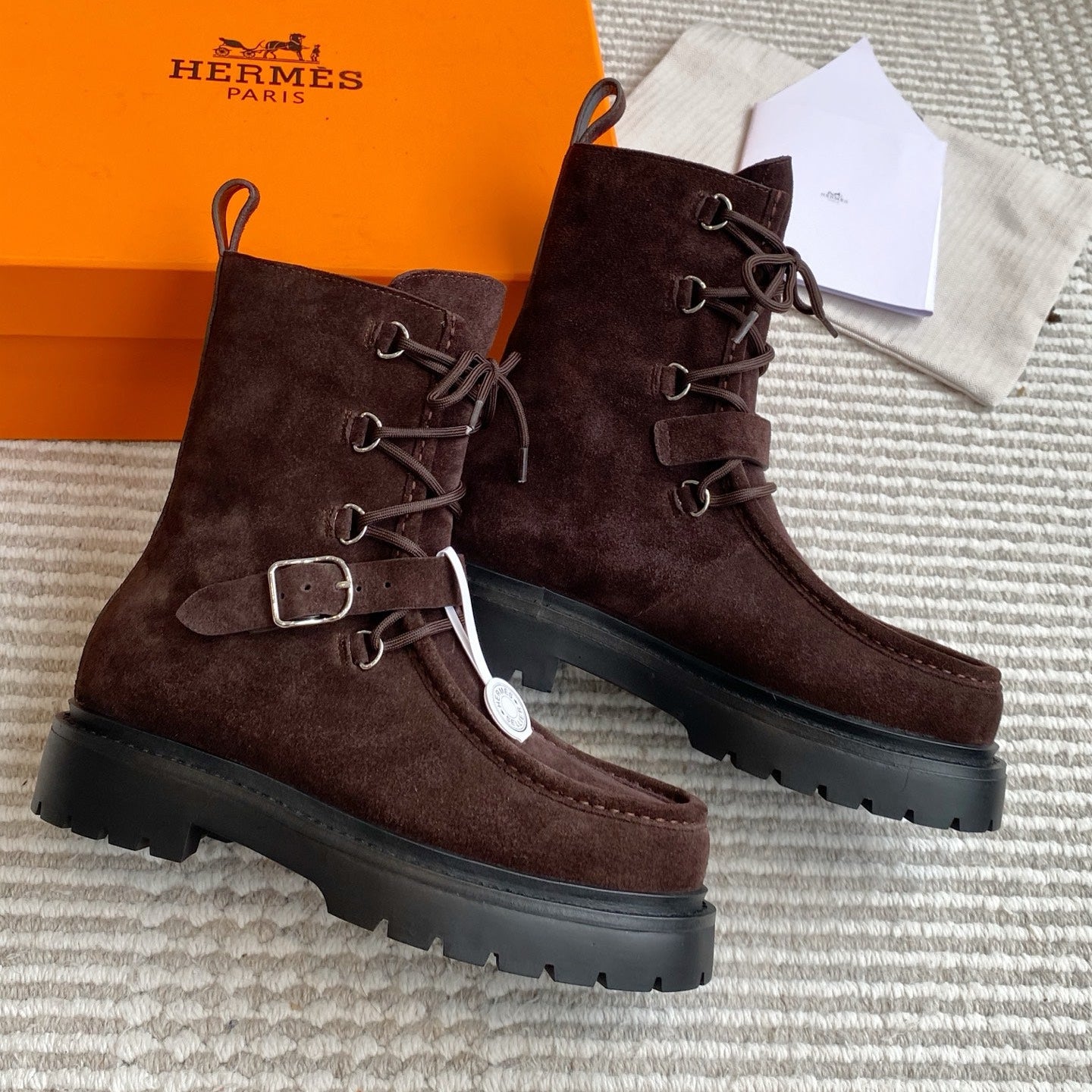 HERMES 25S ANKLE BOOTS IN DARK BROWN SUEDE