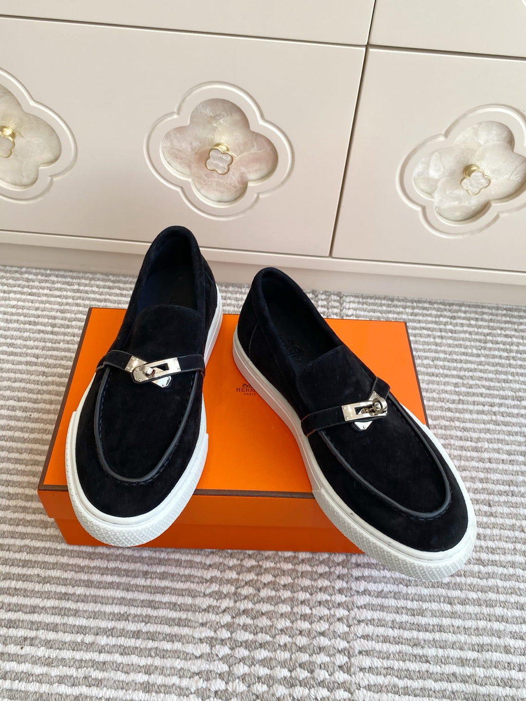 HERMES 25S SLIP-ON IN BLACK SUEDE WITH SILVER HARDWARE