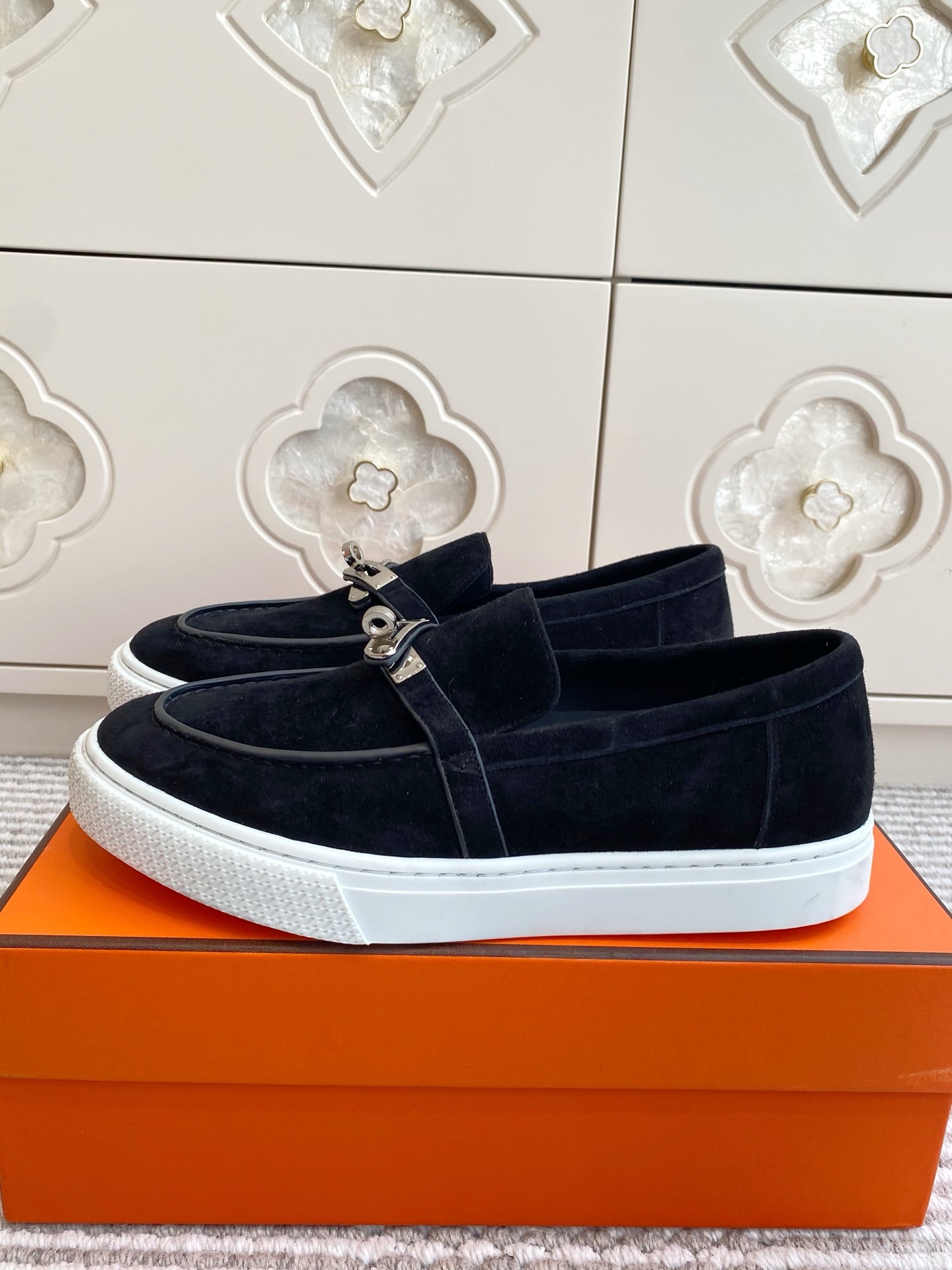 HERMES 25S SLIP-ON IN BLACK SUEDE WITH SILVER HARDWARE