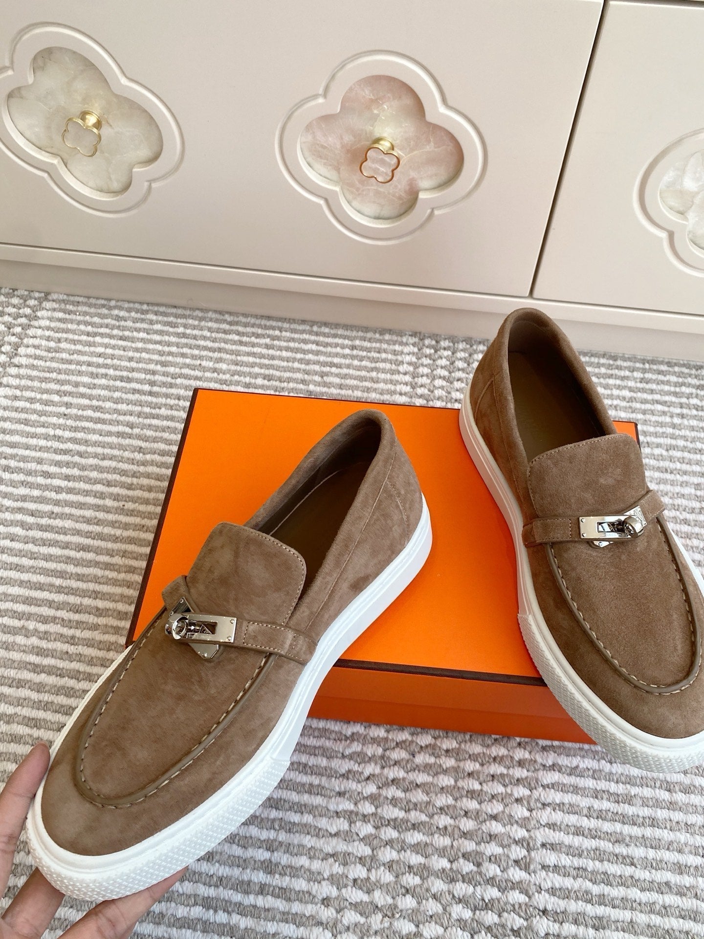 HERMES 25S SLIP-ON IN BROWN SUEDE WITH SILVER HARDWARE