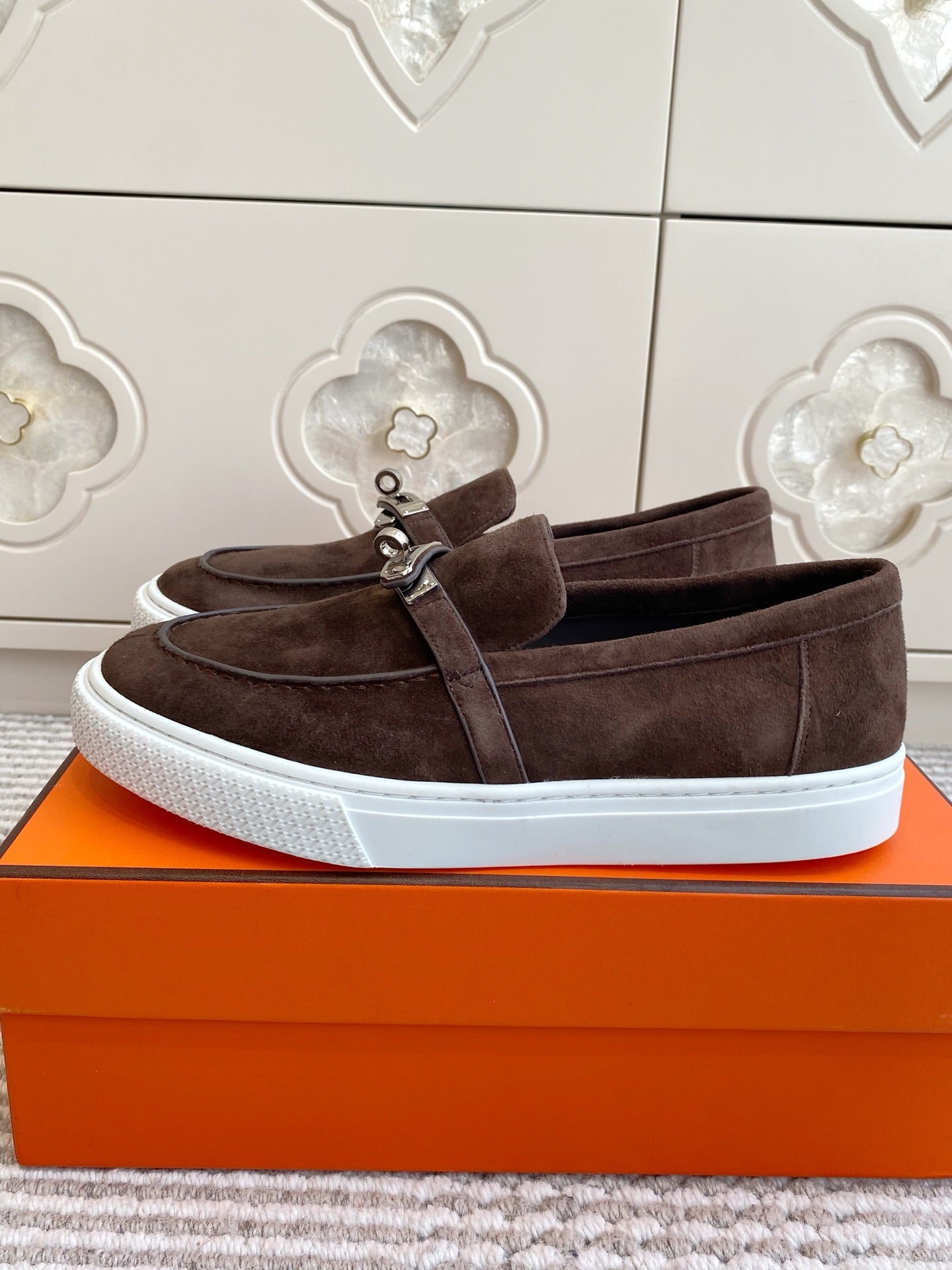 HERMES 25S SLIP-ON IN DARK BROWN SUEDE WITH SILVER HARDWARE