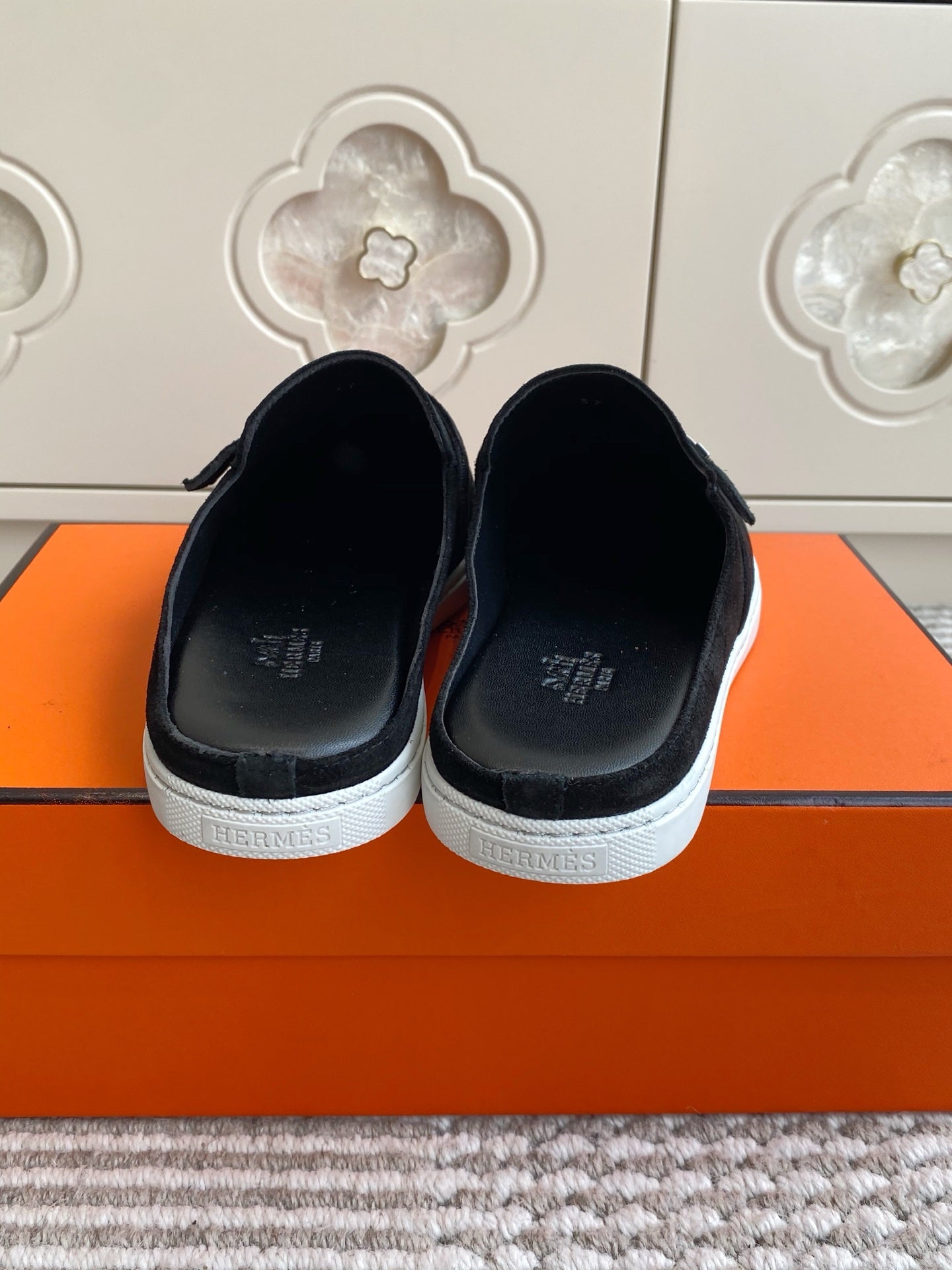 HERMES 25S MULES IN BLACK SUEDE WITH SILVER HARDWARE