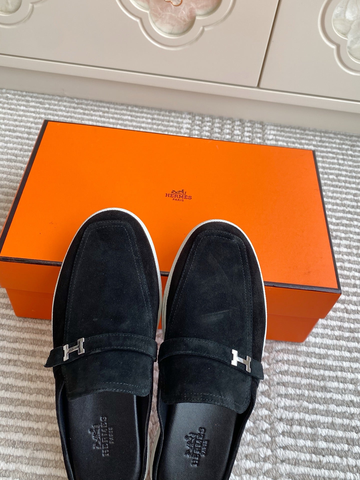 HERMES 25S MULES IN BLACK SUEDE WITH SILVER HARDWARE