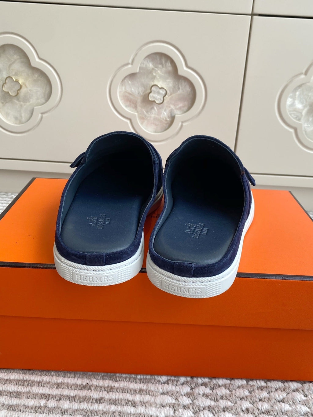 HERMES 25S MULES IN NAVY BLUE SUEDE WITH SILVER HARDWARE