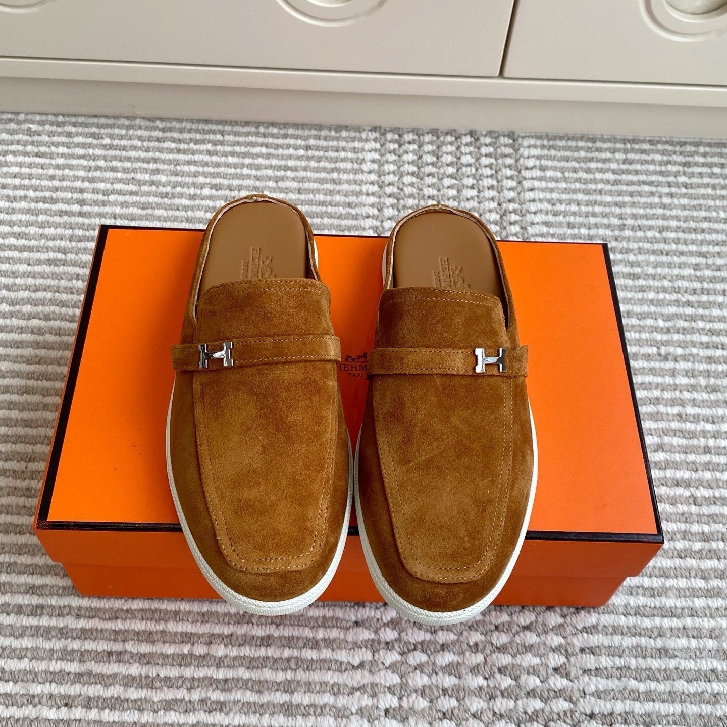 HERMES 25S MULES IN BROWN SUEDE WITH SILVER HARDWARE