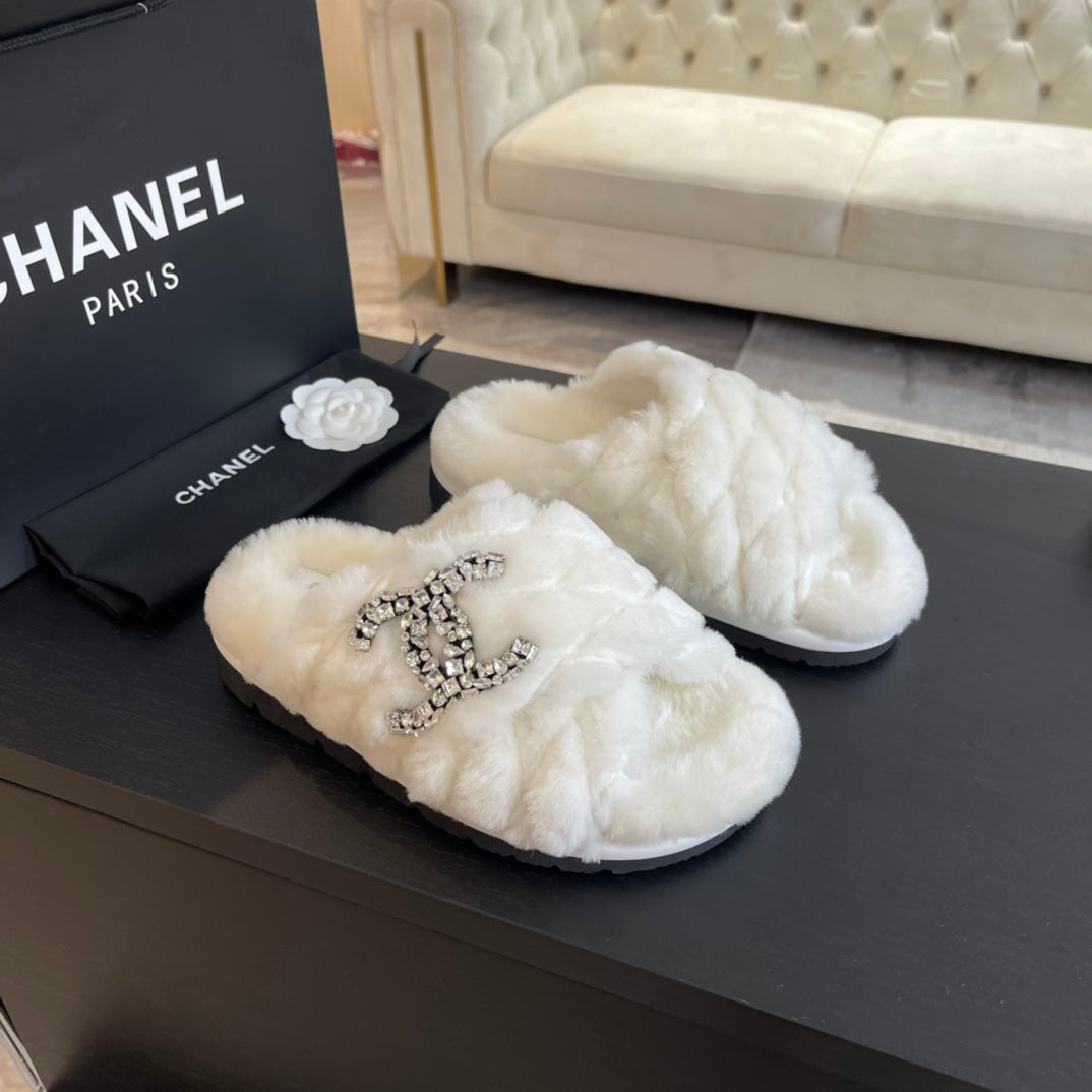 CHANEL WHITE FUR CROSS STRAP SLIPPERS