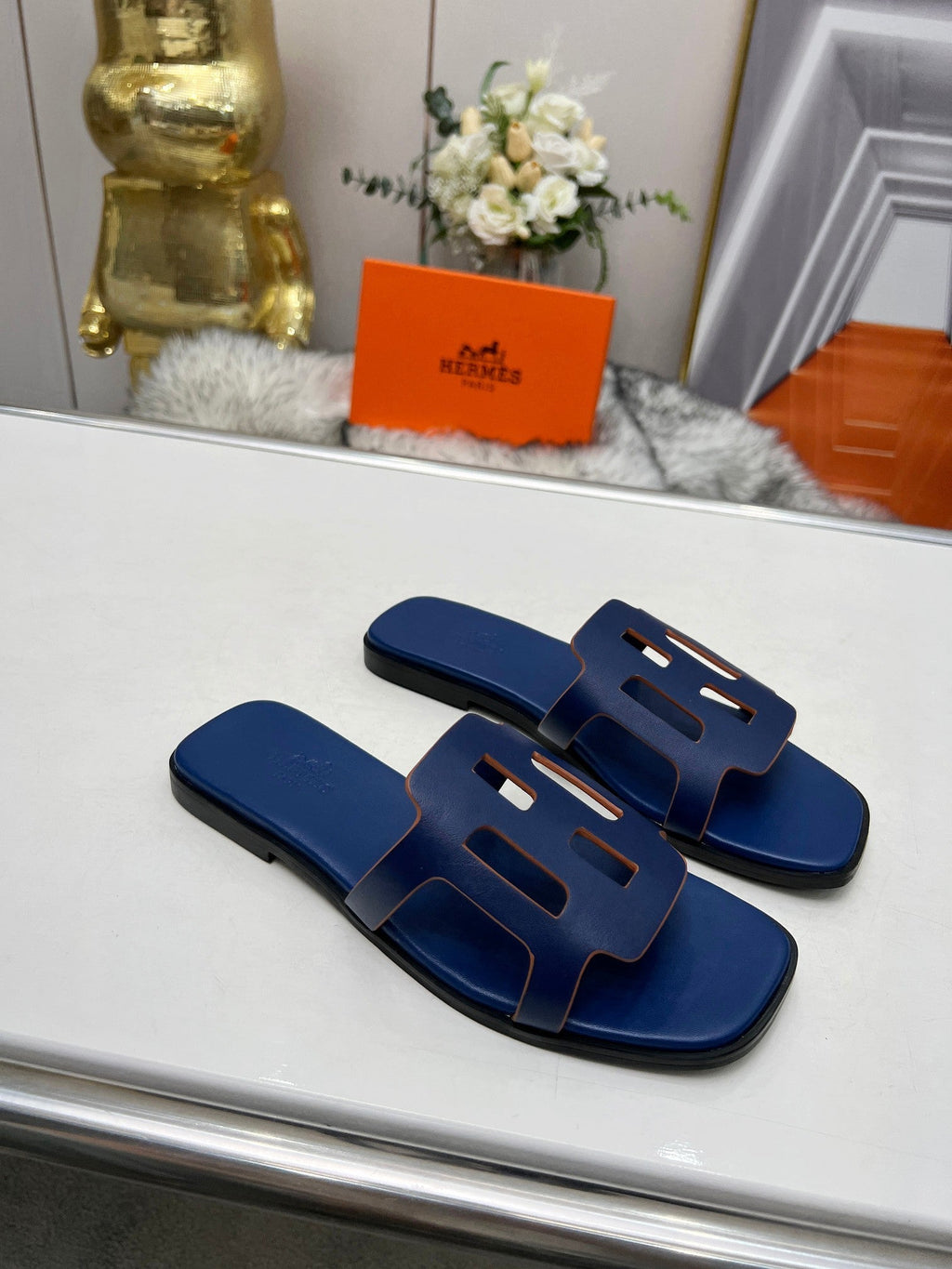 HERMES FLATFORM SANDAL NAVY CALFSKIN